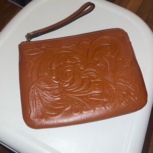 Patricia Nash Brown Embossed Leather Wristlet Clutch